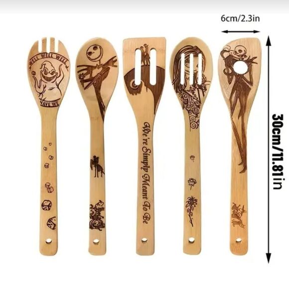 5pcs Bamboo Spoons Halloween Utensils Nightmare Before Christmas Lightweight - Picture 3 of 4
